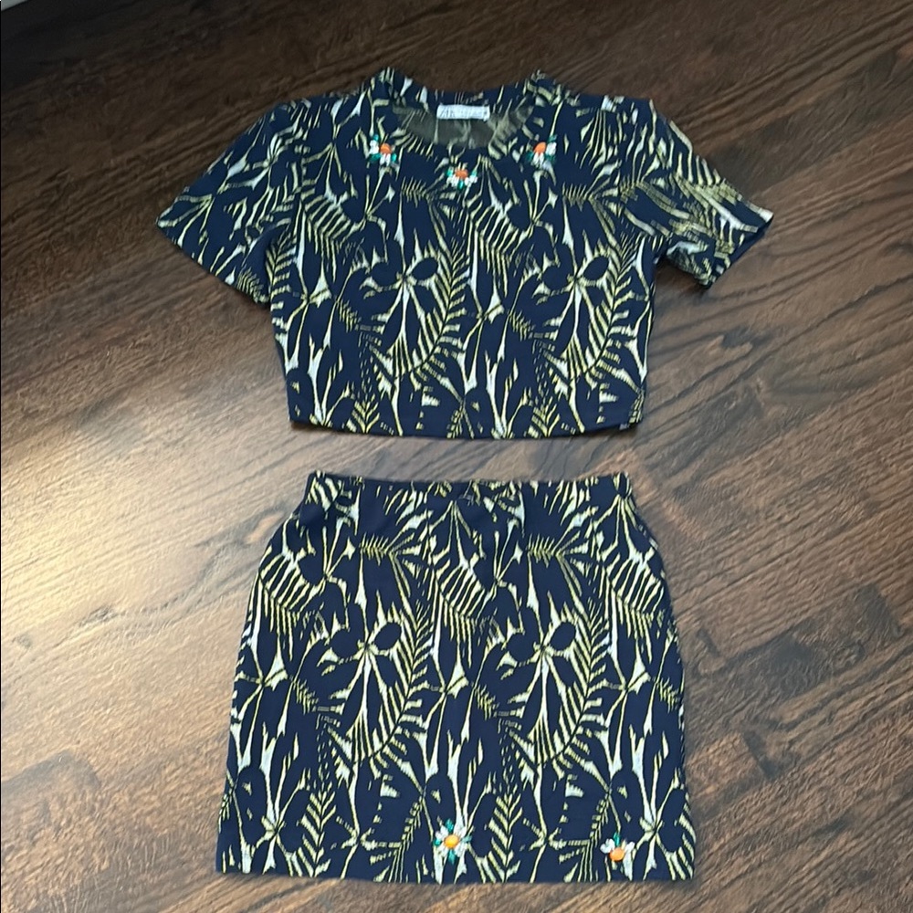 Zara Navy and Green Leaf Print Mini Skirt